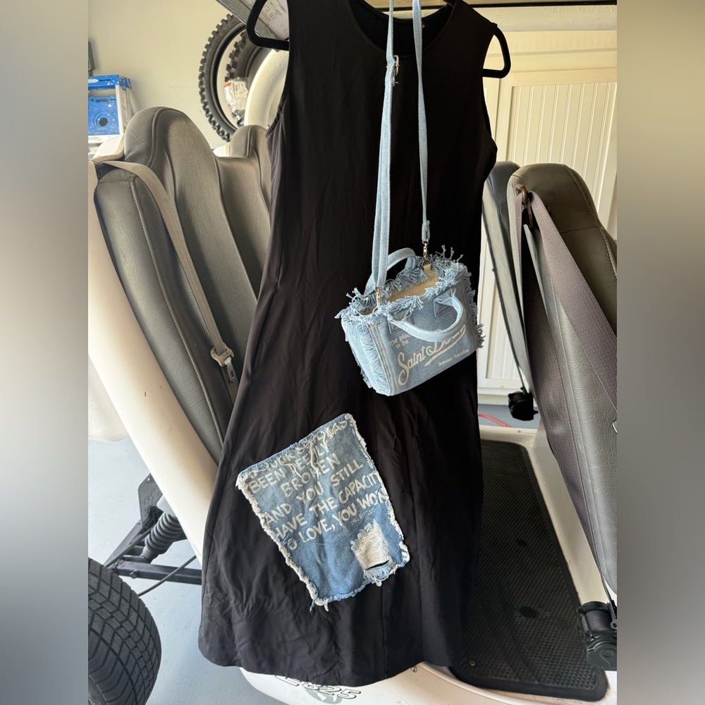Stylish Black maxi Dress with matching Denim Blue Crossbody Bag